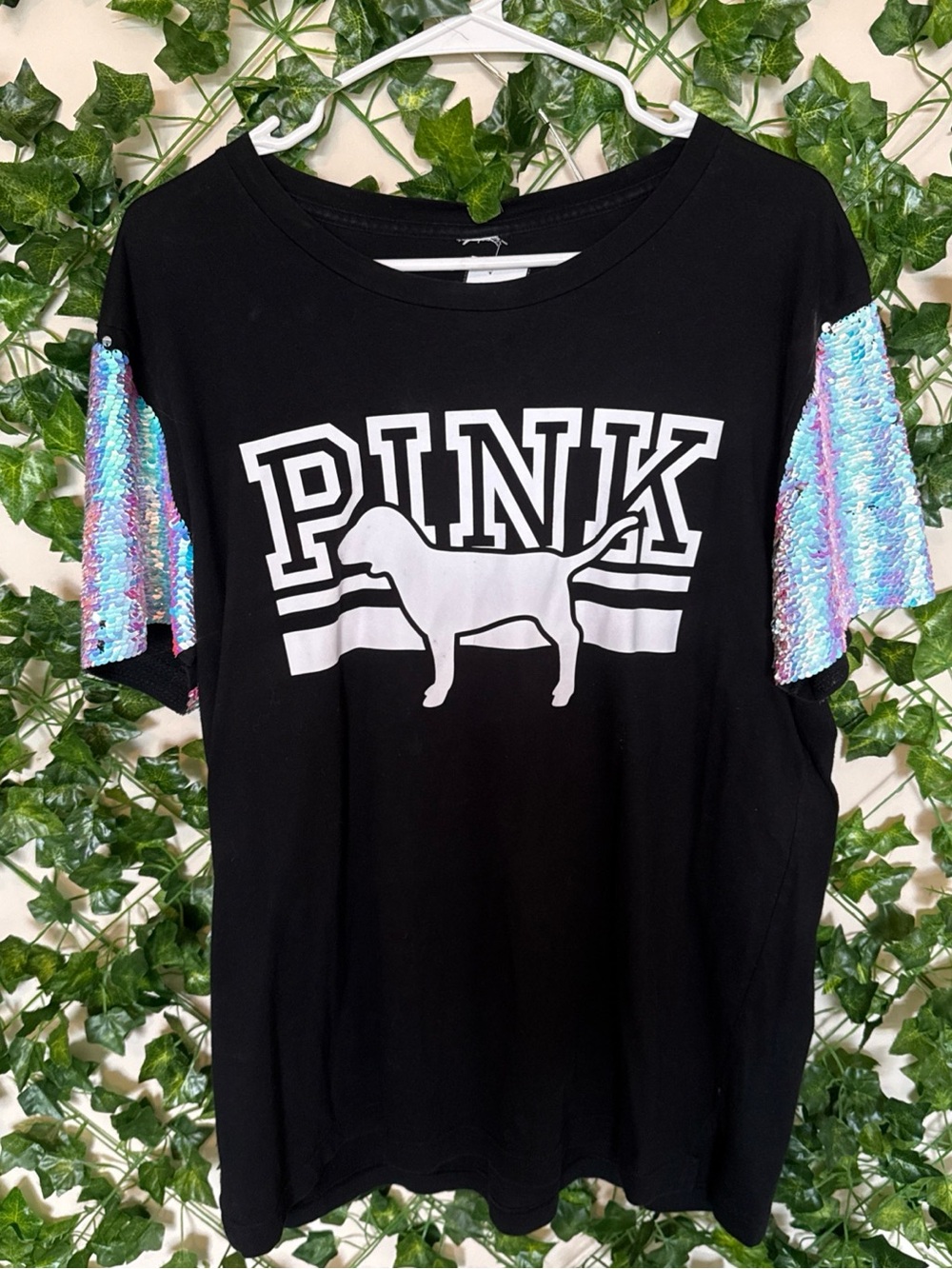 PINK Victoria's Secret Black Tee with Iridescent Sequin Sleeves